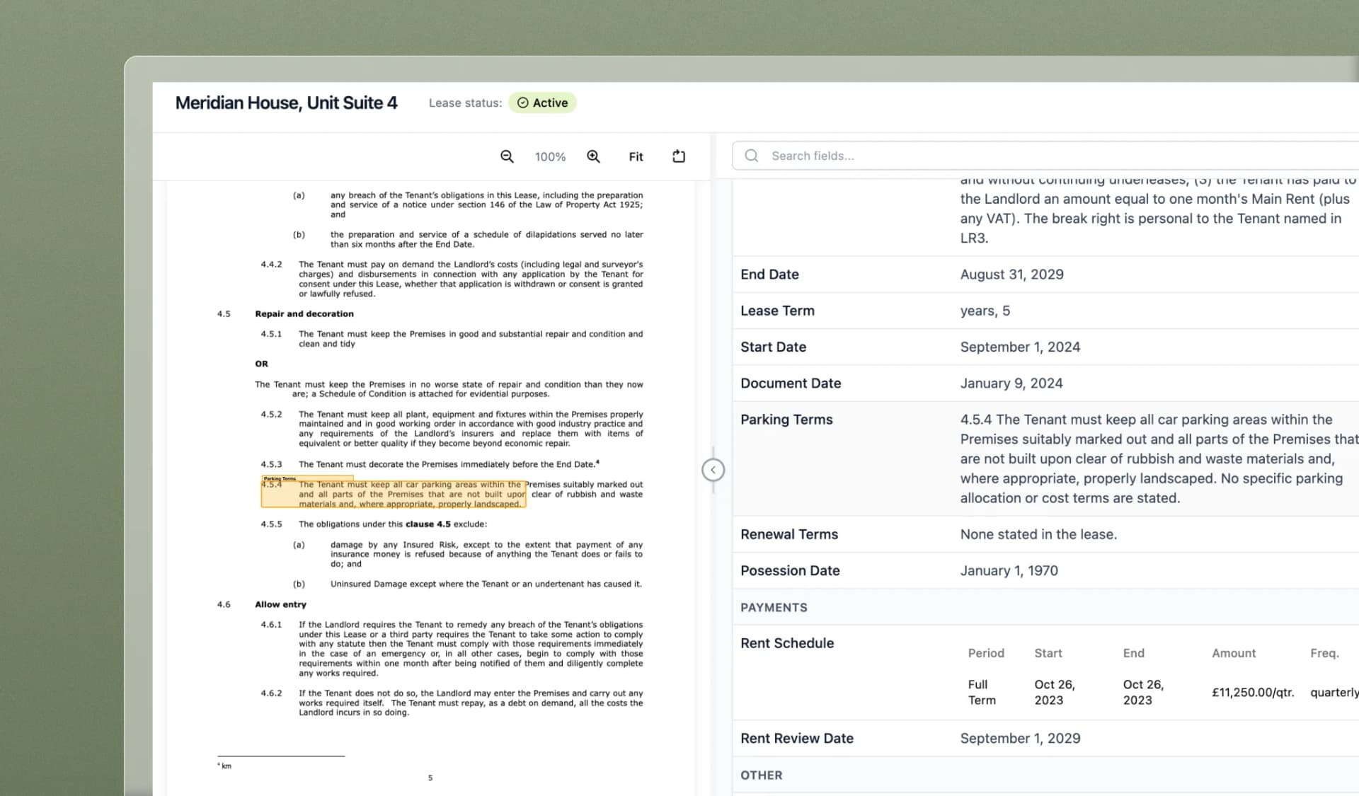 LeaseWizard extracting key lease terms into a structured data table