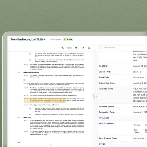 LeaseWizard extracting key lease terms into a structured data table