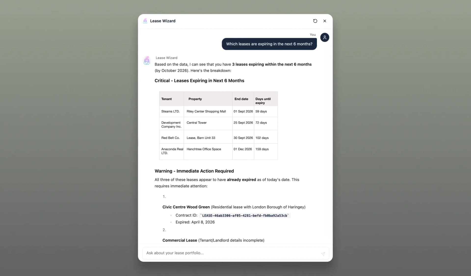 AI-powered portfolio question answering with instant lease data response