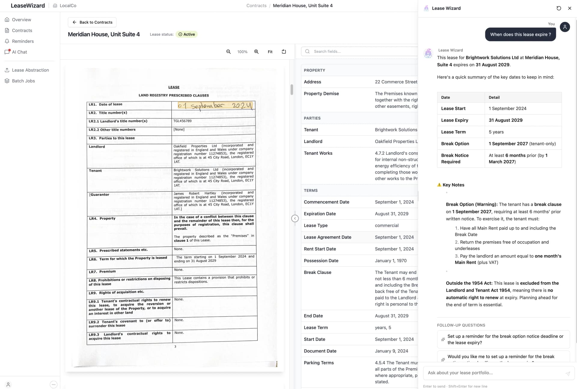LeaseWizard AI demonstration showing lease analysis features